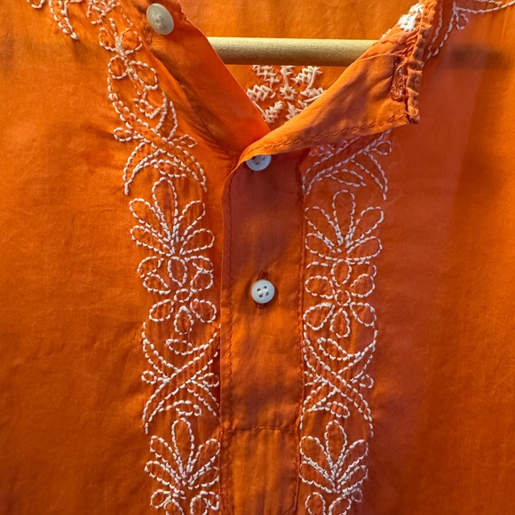 Vintage Silk Blouse – Bright Orange with Floral & Heart Embroidery | Long Sleeve - Picture 4 of 7